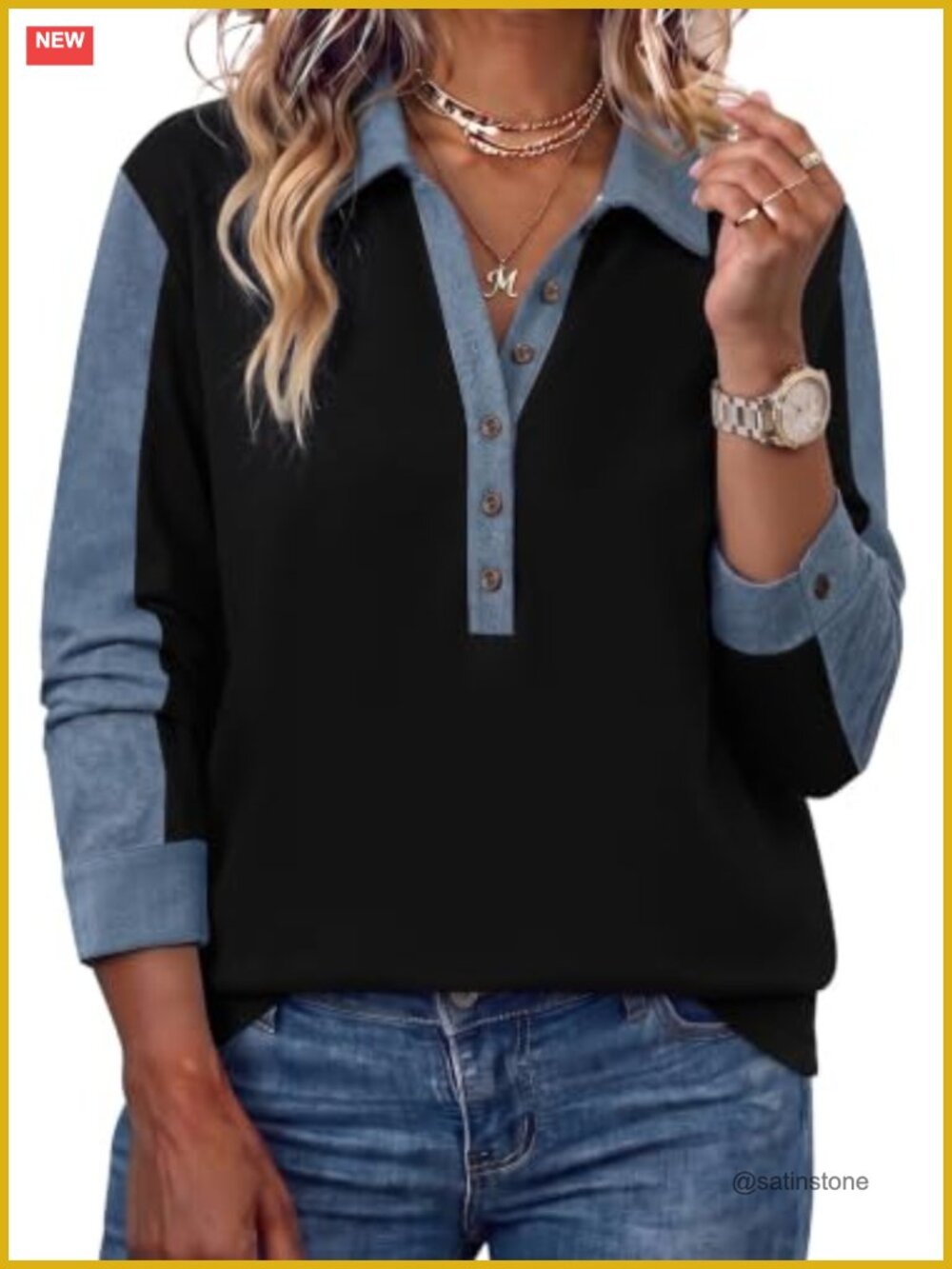 Plus Size Sweatshirt Denim Patchwork Button Collar Long Sleeve Top